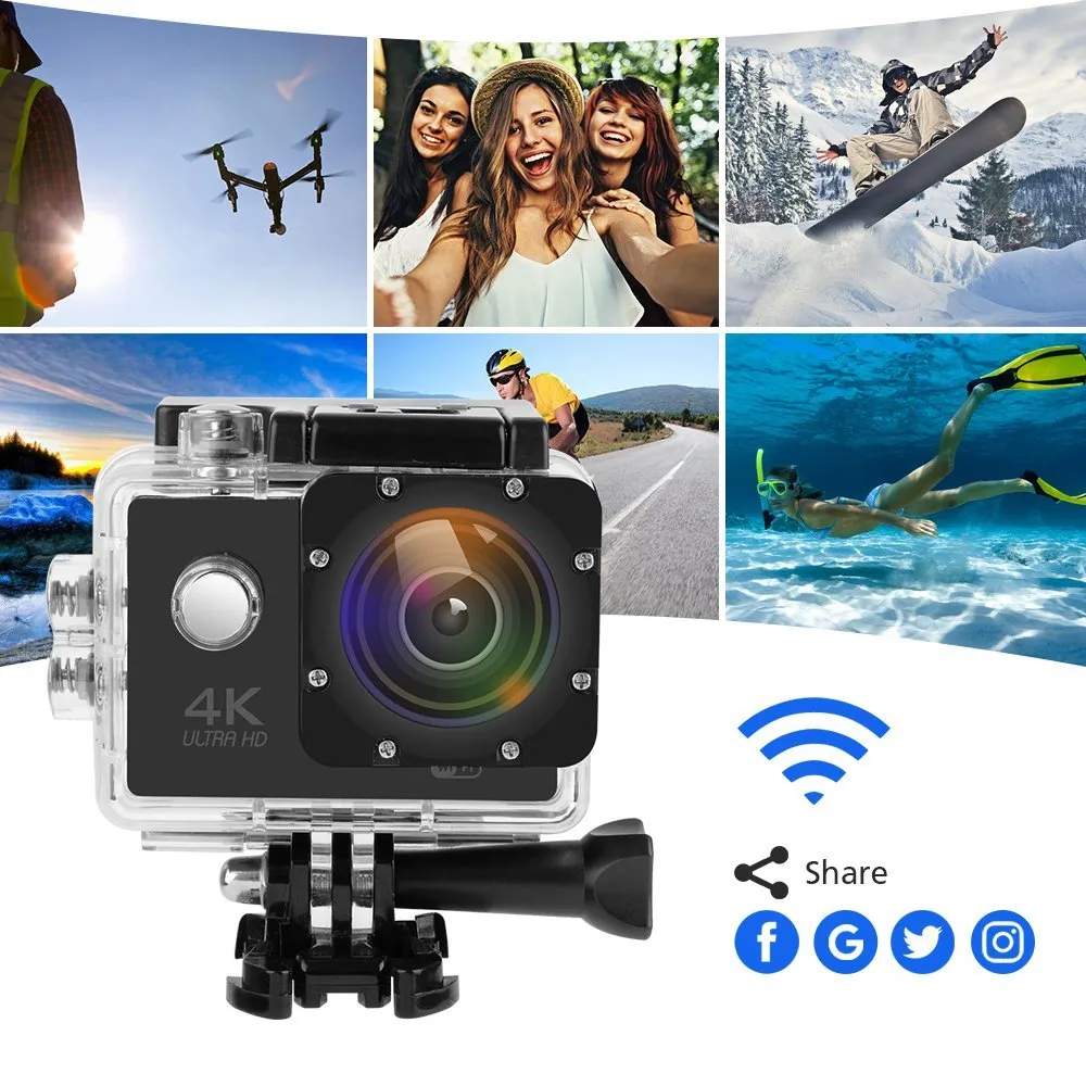 Action Camera 4K Ultra HD Waterproof Sports Camera Wifi 16MP 170 Degree Wide Angle Lens Sports DV Camcorder