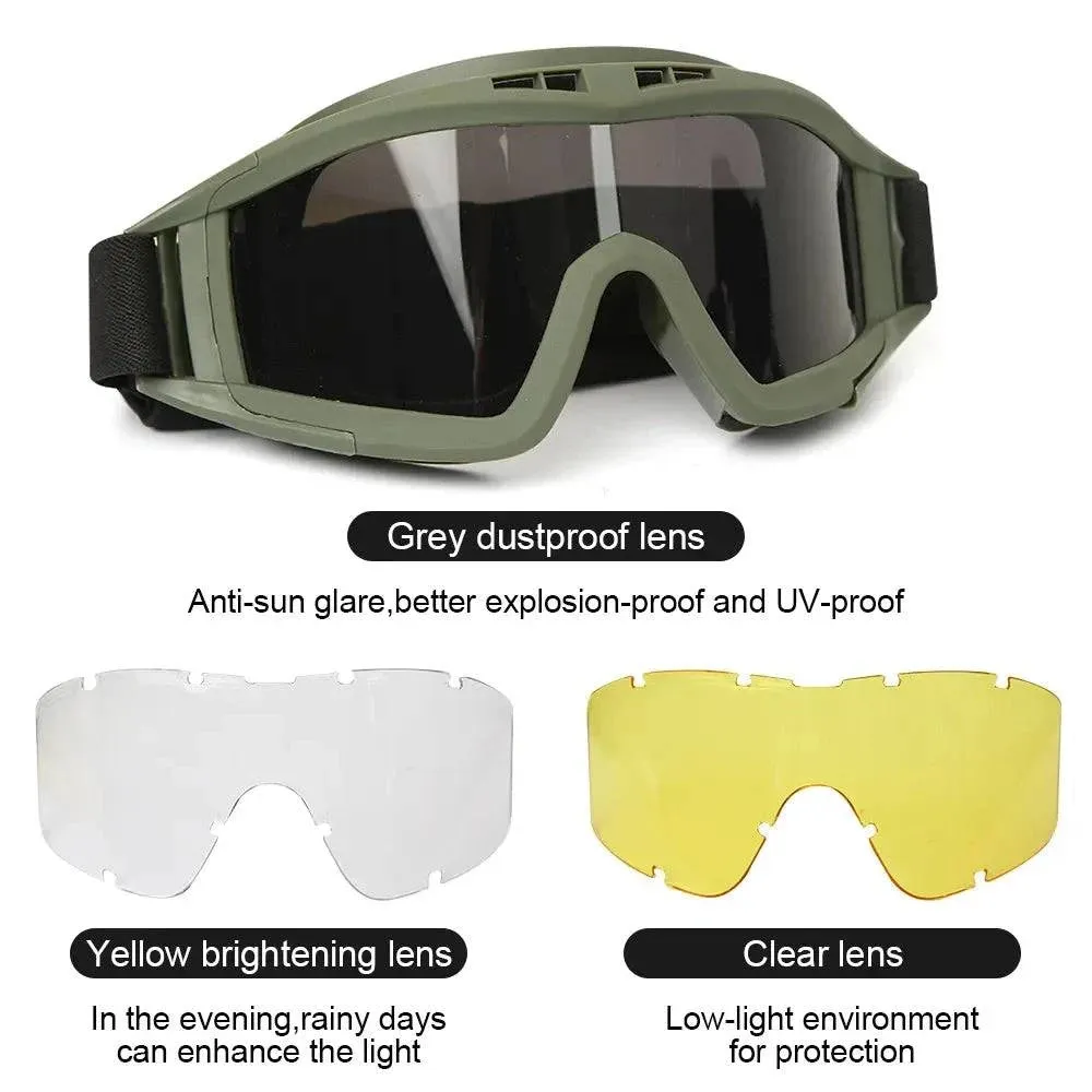 Airsoft Tactical Goggles 3 Lens Windproof Dustproof Shooting Motocross Motorcycle Mountaineering Glasses CS Safe Protection