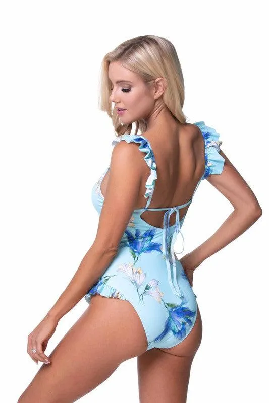 Blue Floral Ruffle One Piece Swimwear