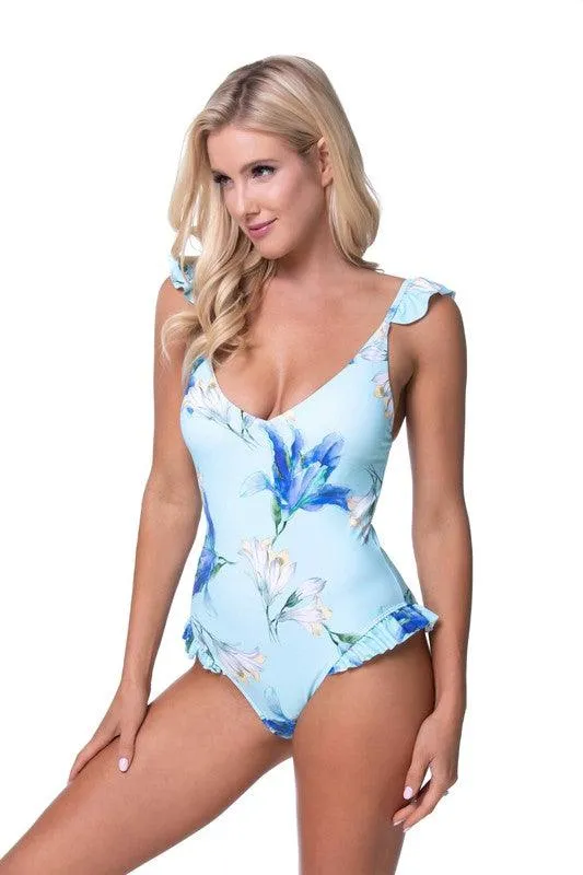 Blue Floral Ruffle One Piece Swimwear