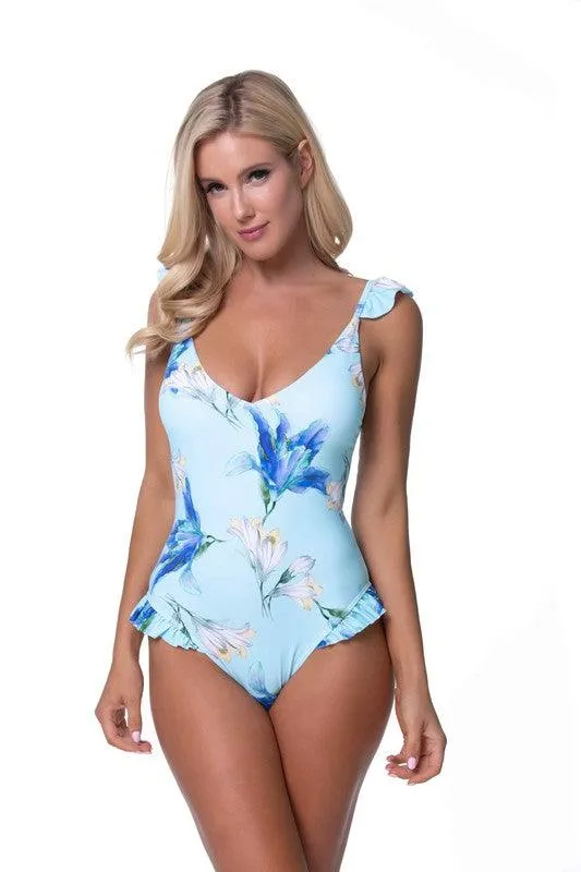 Blue Floral Ruffle One Piece Swimwear