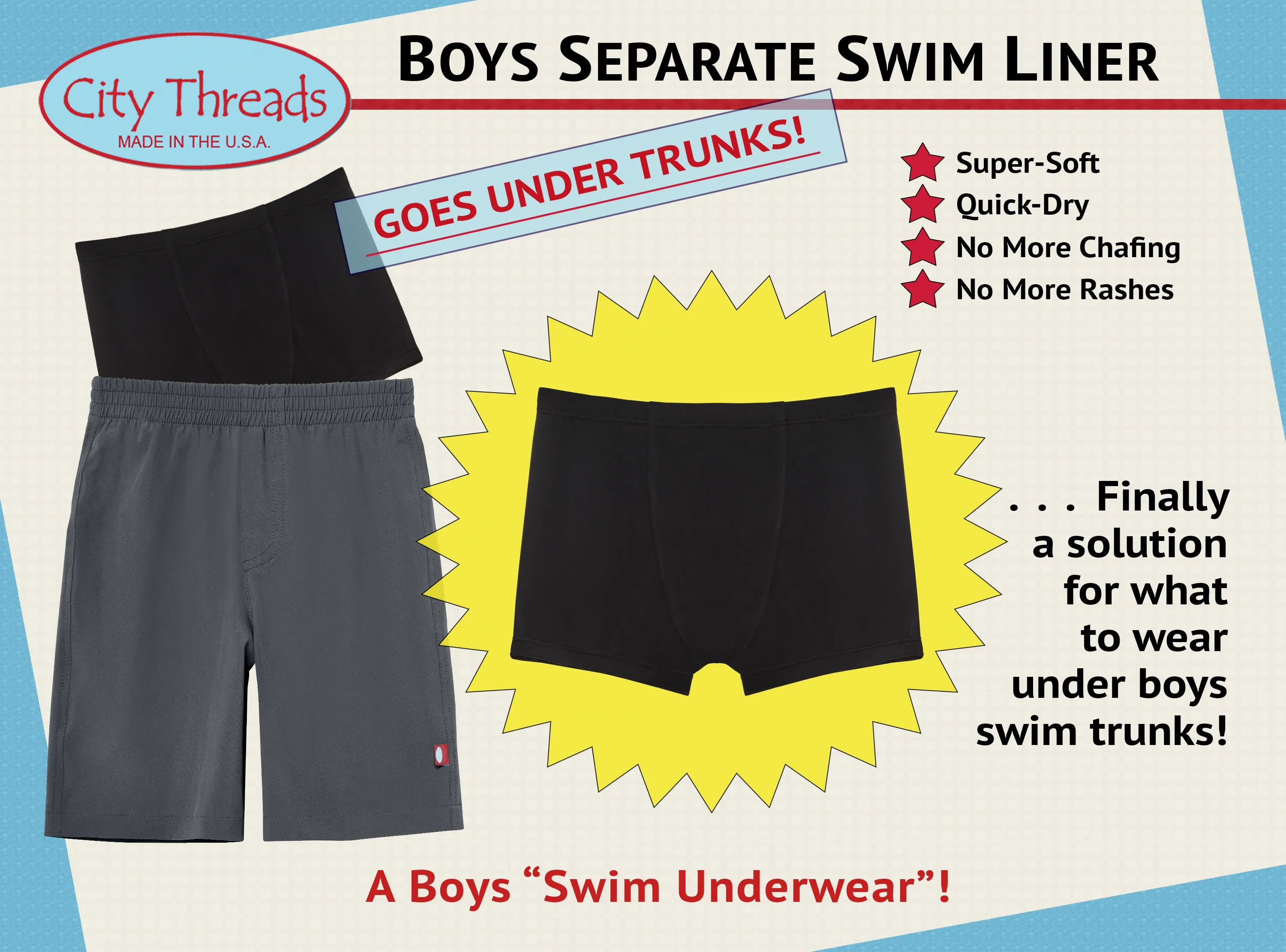 Boys Separate Quick-Dry Swim Liner for Under Boys Trunks | Black