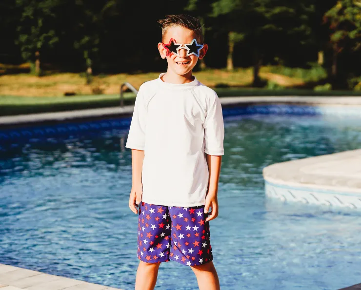 Boys UPF 50  Recycled Polyester Soft Stretch Below the Knee Printed Swim Board Shorts  | Swirly Waters