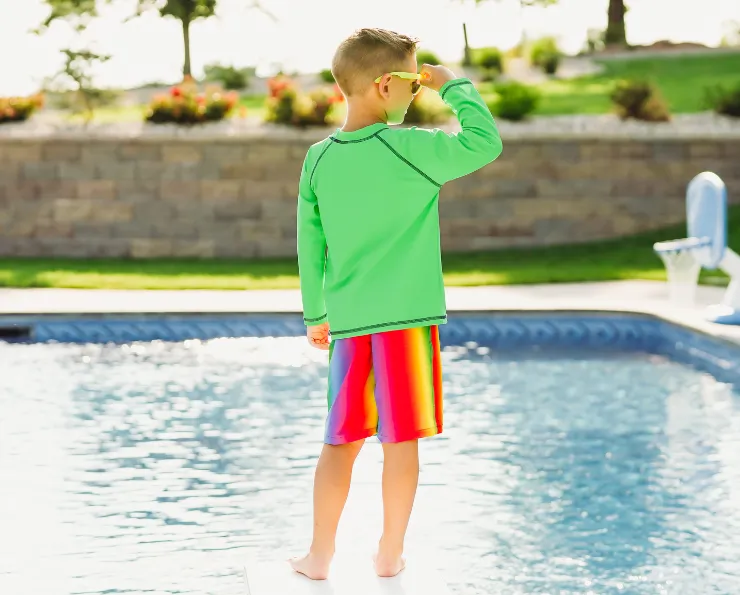 Boys UPF 50  Recycled Polyester Soft Stretch Below the Knee Printed Swim Board Shorts  | Swirly Waters