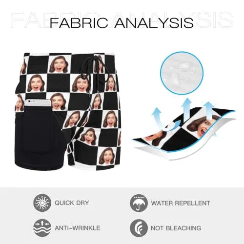 Custom Face Black and White Grid Men's Quick Dry 2 in 1 Surfing & Beach Shorts Male Gym Fitness Shorts