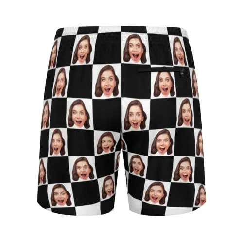 Custom Face Black and White Grid Men's Quick Dry 2 in 1 Surfing & Beach Shorts Male Gym Fitness Shorts