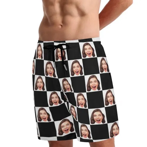 Custom Face Black and White Grid Men's Quick Dry 2 in 1 Surfing & Beach Shorts Male Gym Fitness Shorts