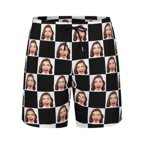 Custom Face Black and White Grid Men's Quick Dry 2 in 1 Surfing & Beach Shorts Male Gym Fitness Shorts