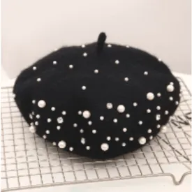 Embellished Black Wool Beret Hat