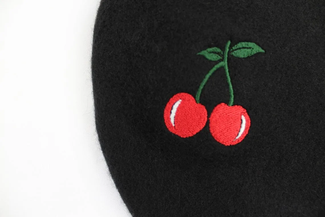 Embroidered Cherry Black Beret