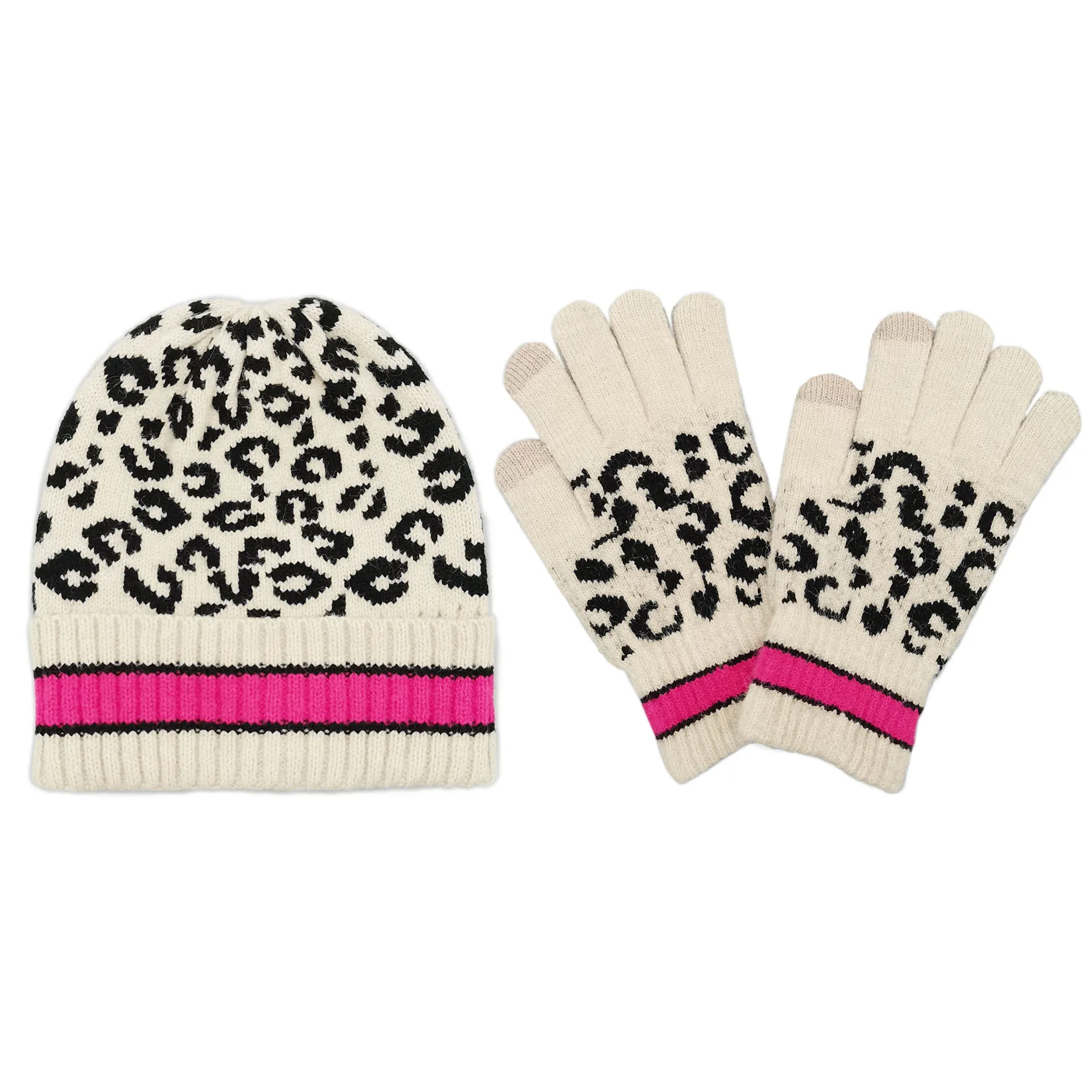 Empire Cove Winter Set Knit Leopard Striped Beanie and Touch Screen Gloves Gift Set