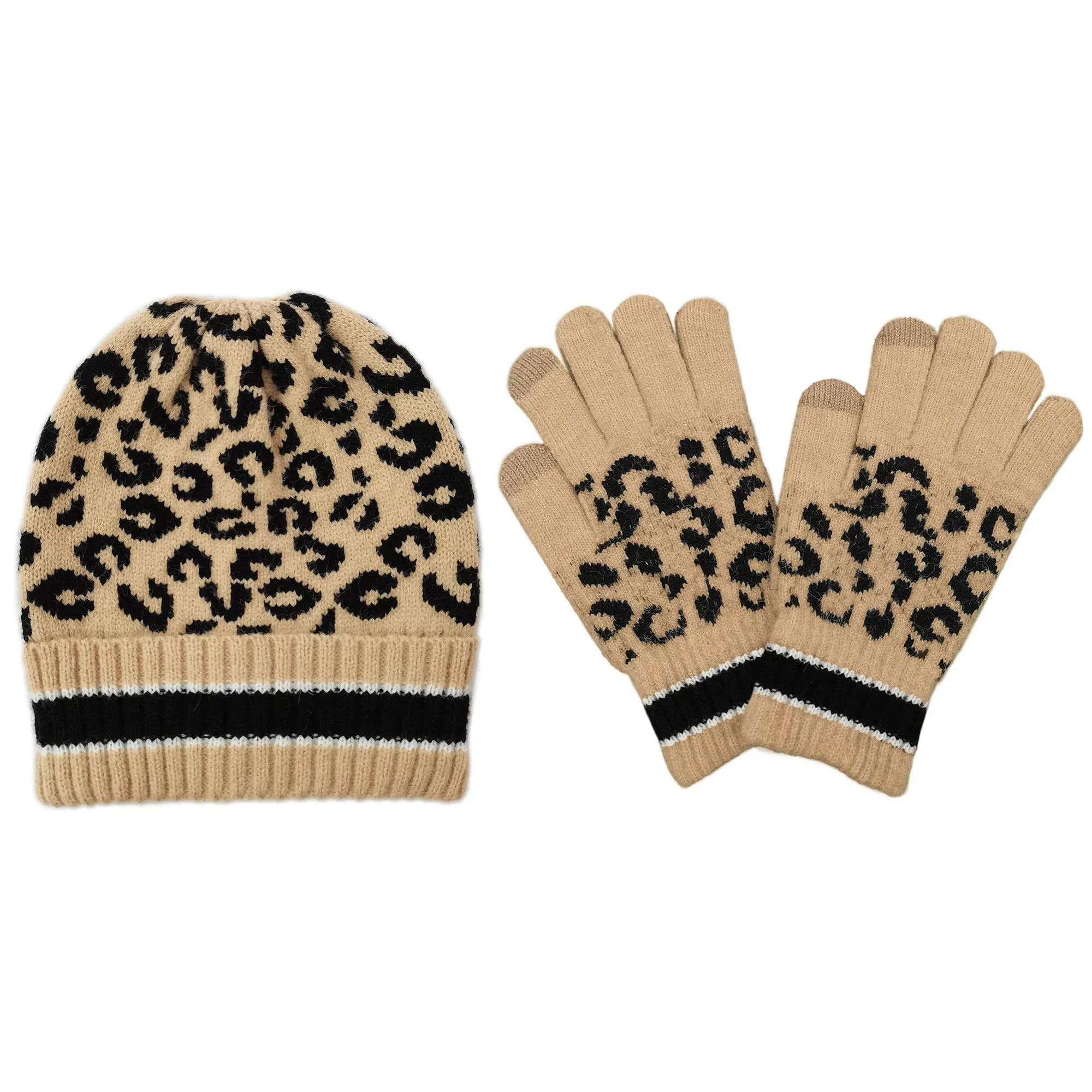 Empire Cove Winter Set Knit Leopard Striped Beanie and Touch Screen Gloves Gift Set