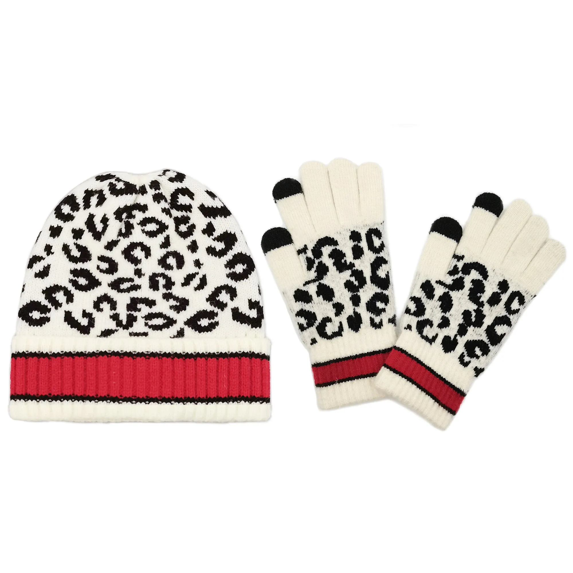 Empire Cove Winter Set Knit Leopard Striped Beanie and Touch Screen Gloves Gift Set