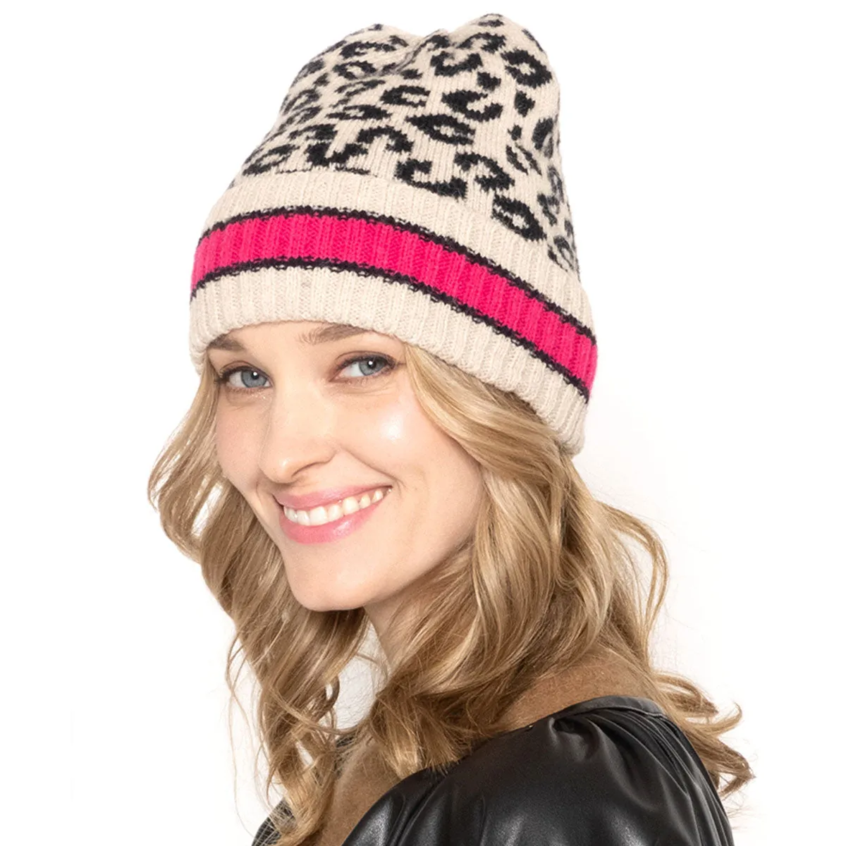 Empire Cove Winter Set Knit Leopard Striped Beanie and Touch Screen Gloves Gift Set