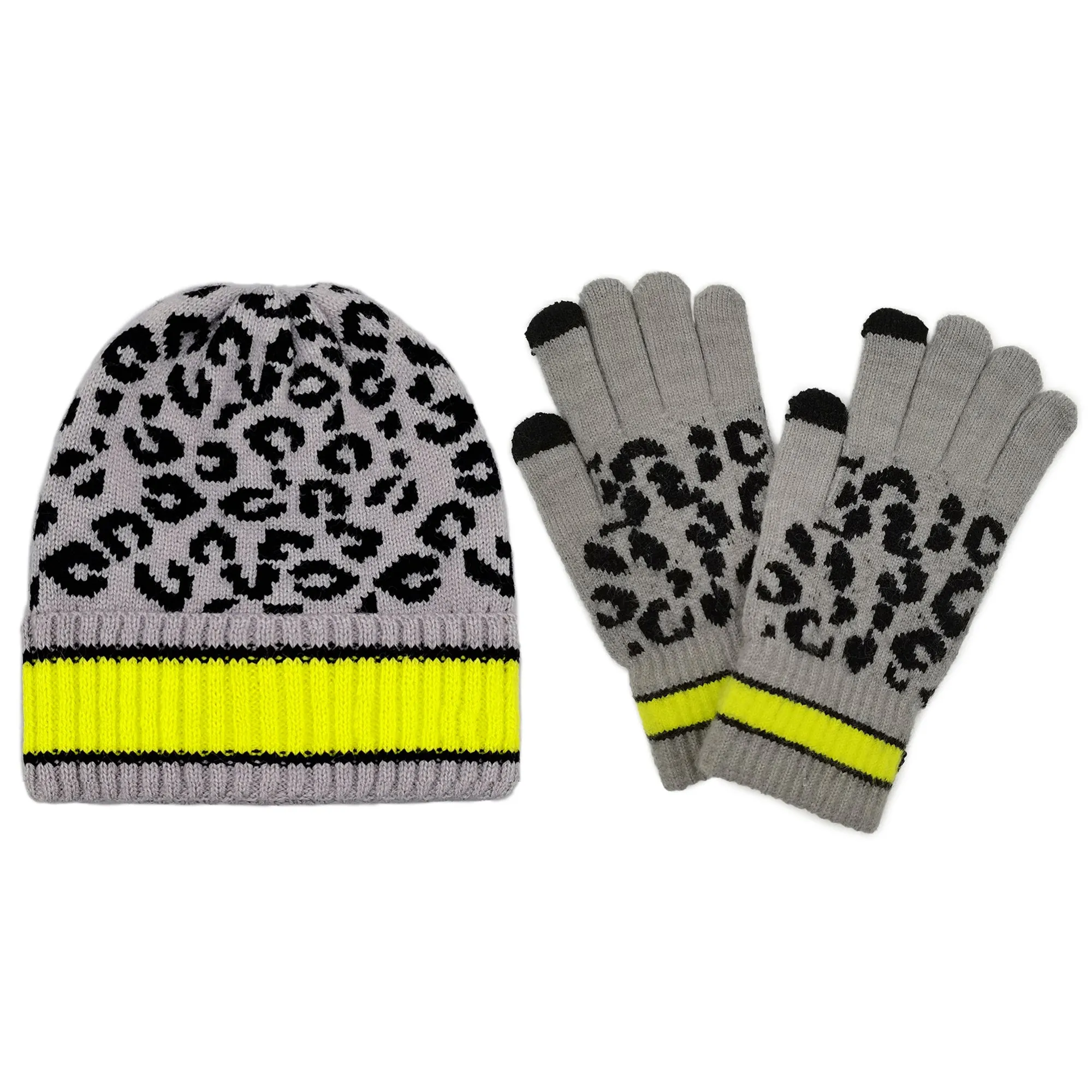 Empire Cove Winter Set Knit Leopard Striped Beanie and Touch Screen Gloves Gift Set