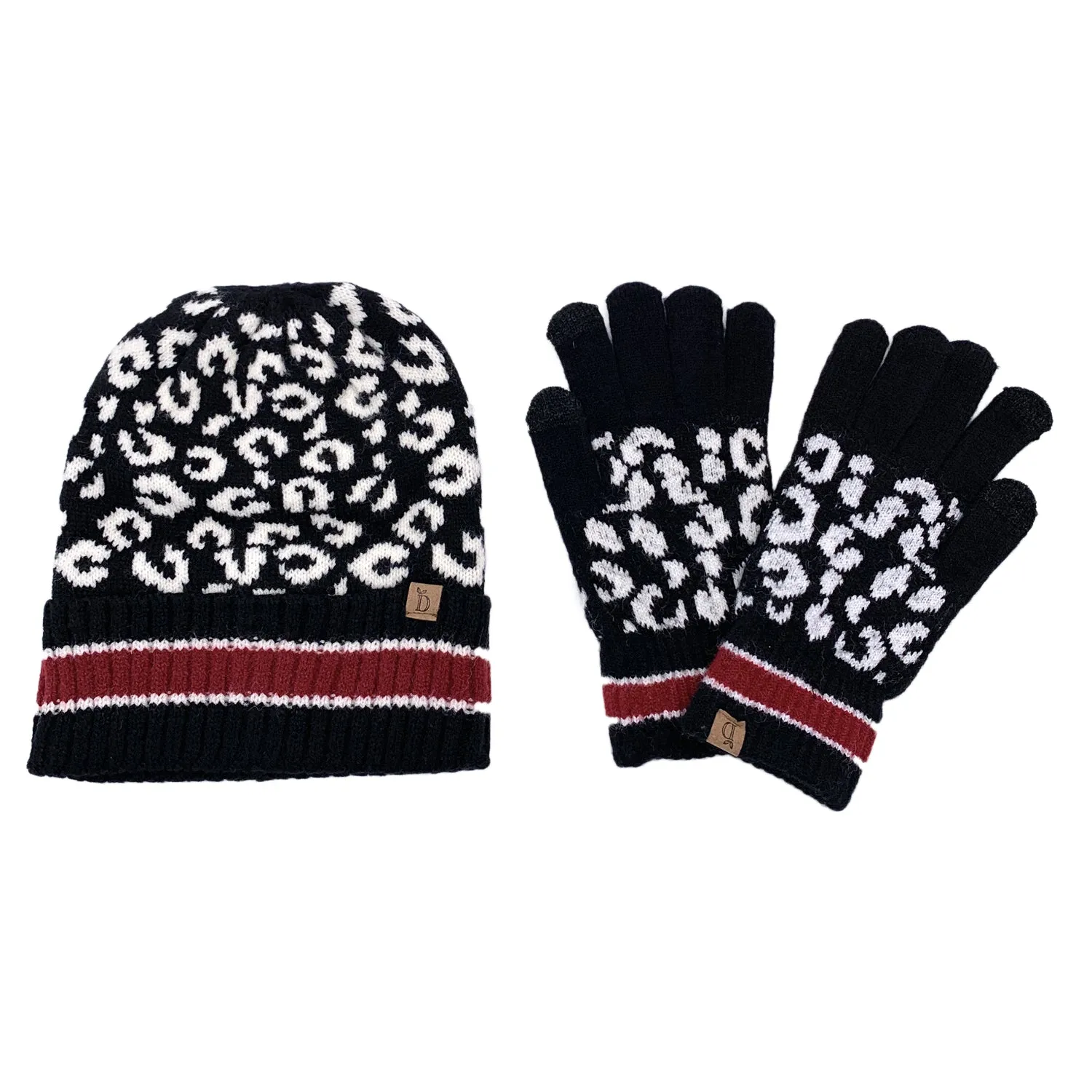 Empire Cove Winter Set Knit Leopard Striped Beanie and Touch Screen Gloves Gift Set