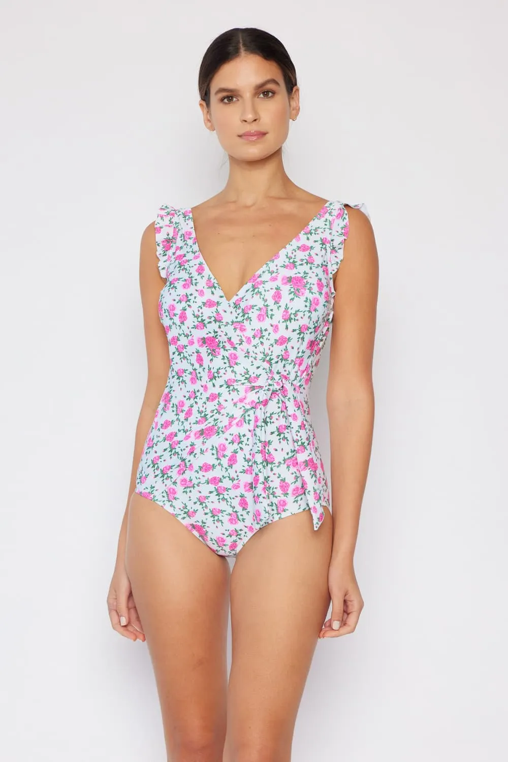 Faux Wrap One-Piece in Roses Off-White