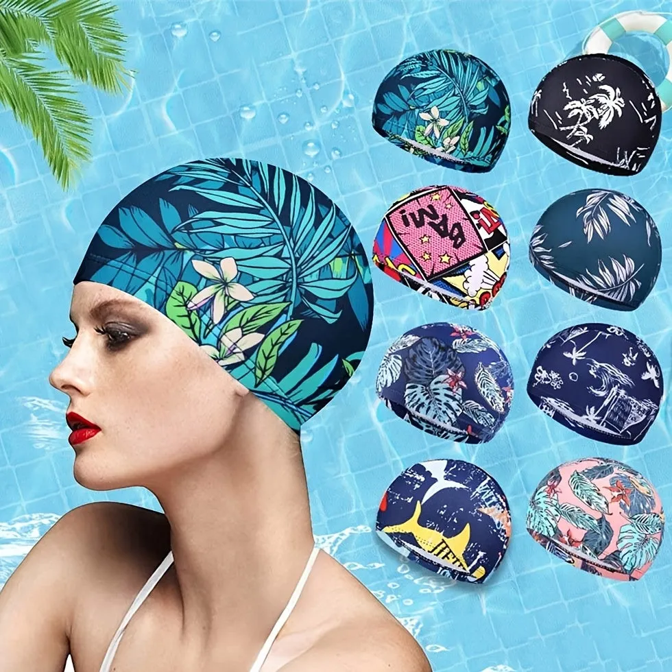 Floral Print Long Hair Swim Cap Protect Hair in Water