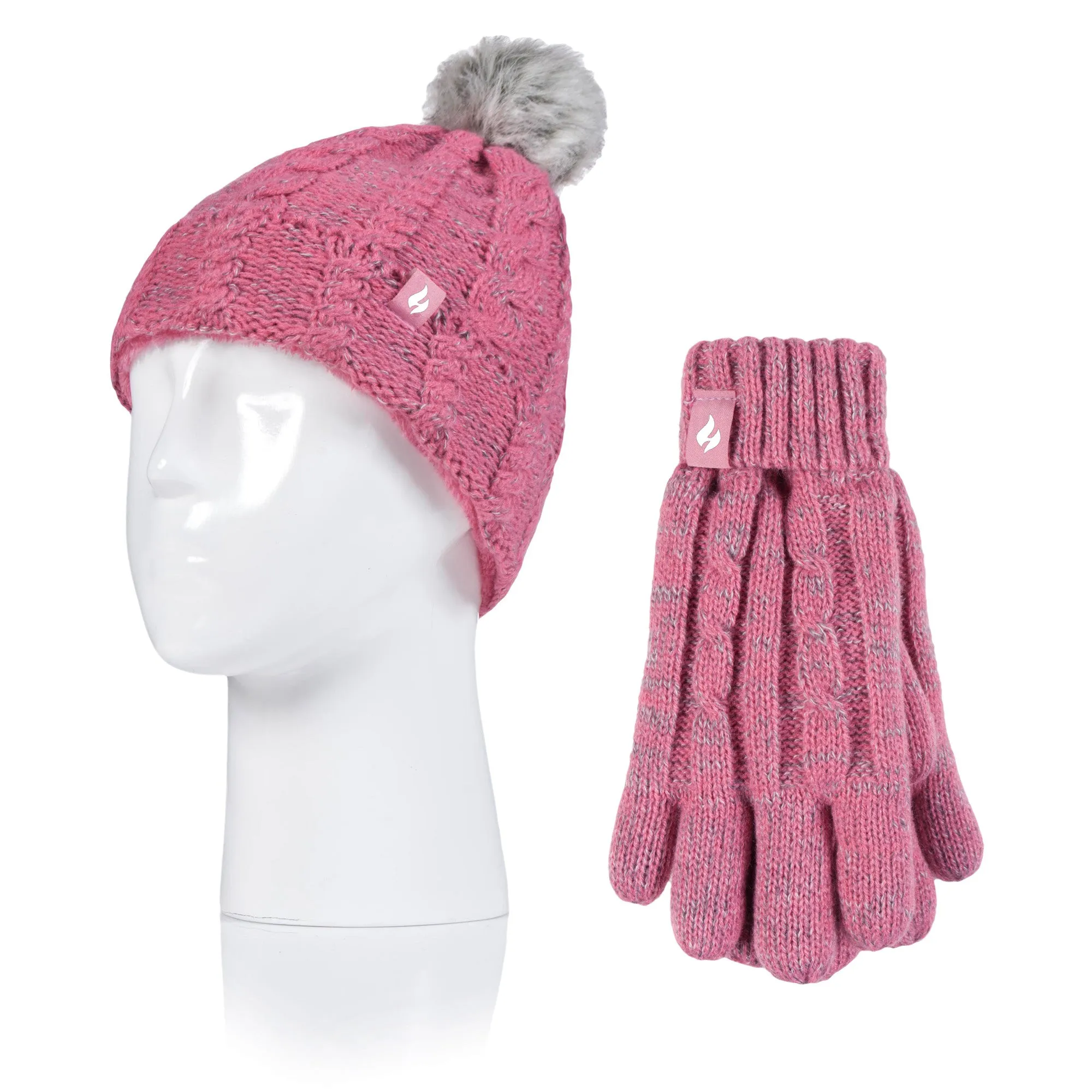 Kids Turn Over Pom Pom Hat & Gloves - Coral