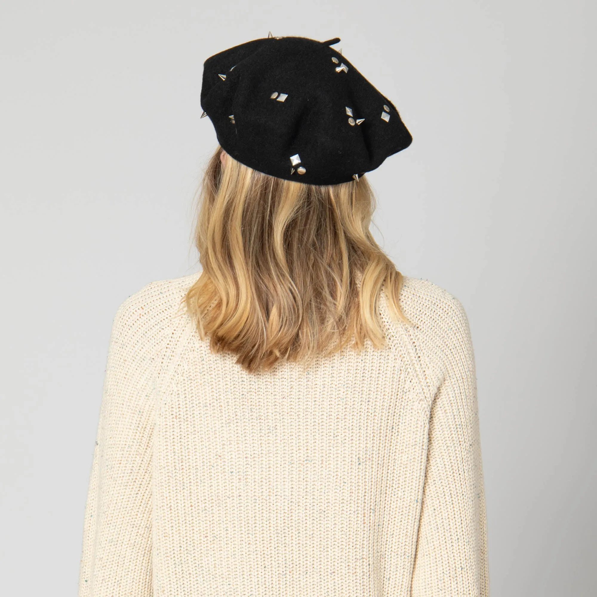 Last Night - Wool Blend Beret  with Metallic Stud Clusters