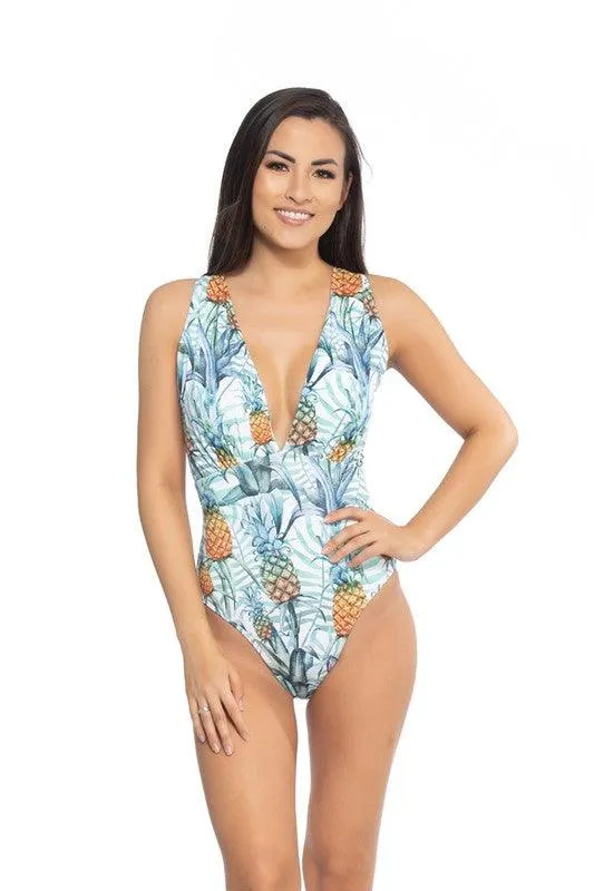 Pineapple V Neckline One Piece Swimsuit