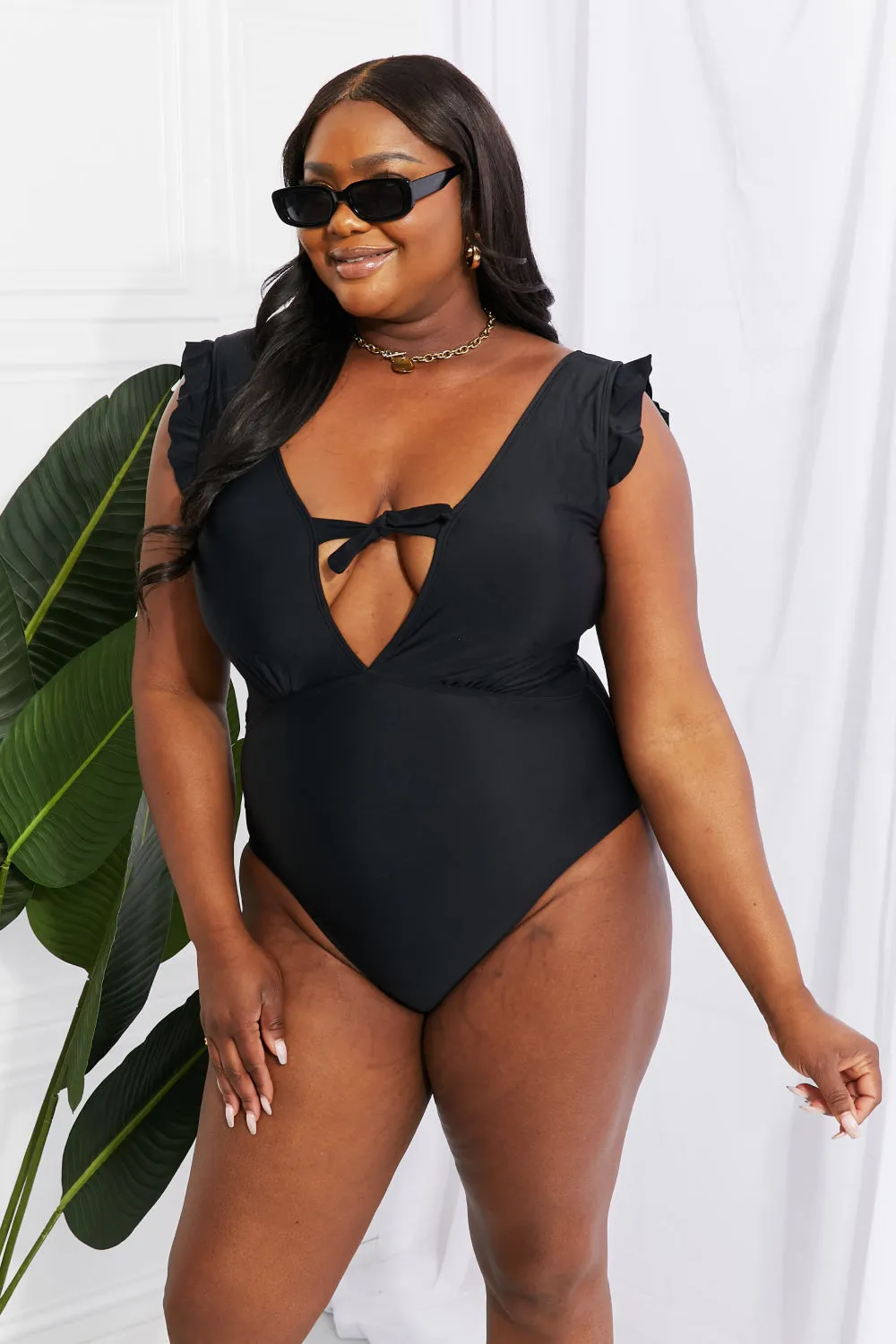 Seashell Ruffle Sleeve One-Piece Swimsuit in Black