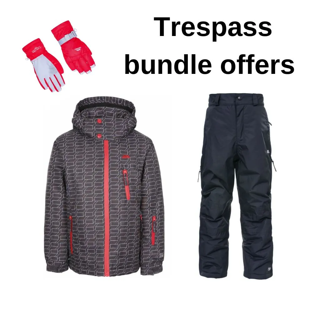 Trespass Boys Minor Ski Jacket, Marvelous Pants & Simms Gloves Bundle - Dark Grey, Black & Red