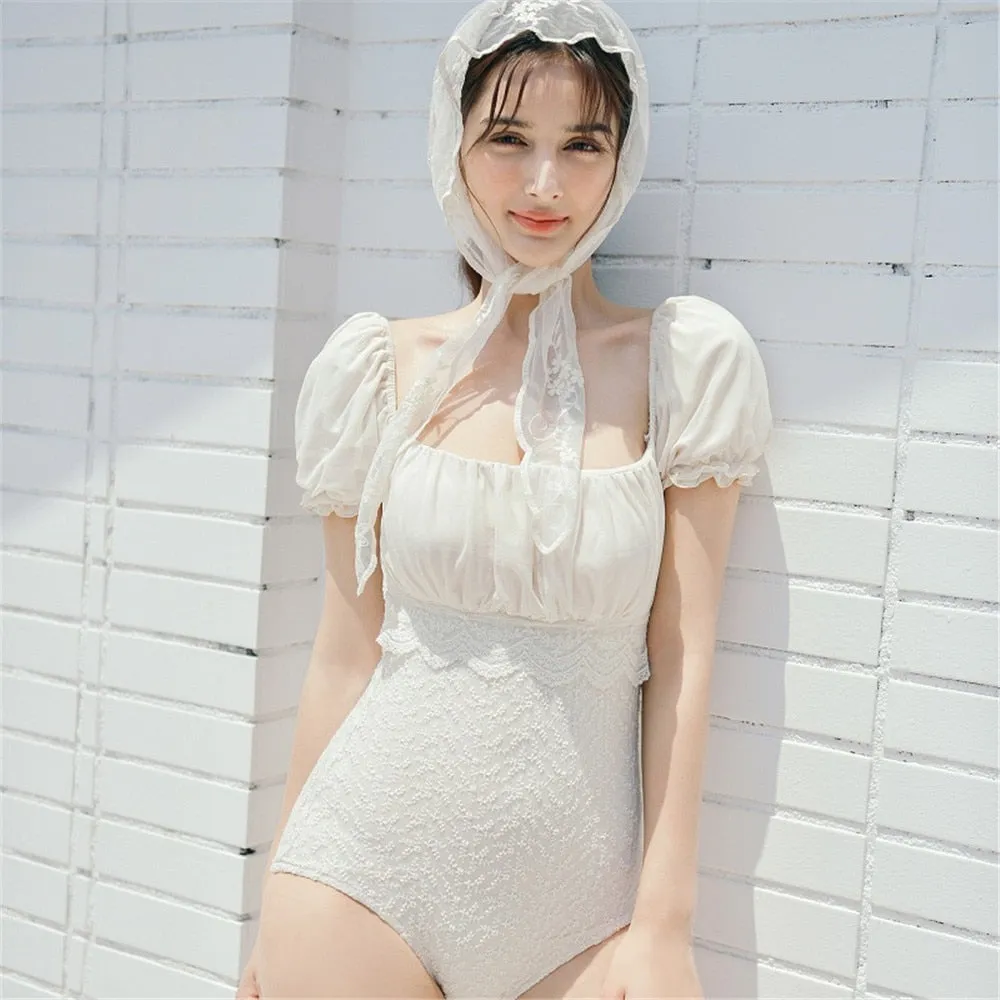 VenusFox Short Sleeve One Piece Swimsuit Women Solid Swimwear Lace Monokini Push Up Swim Suit Korea Bathing Suit Pad Pleated Embroidery