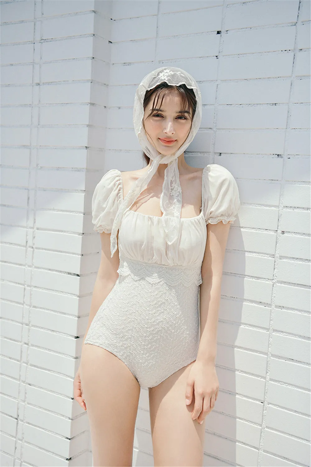 VenusFox Short Sleeve One Piece Swimsuit Women Solid Swimwear Lace Monokini Push Up Swim Suit Korea Bathing Suit Pad Pleated Embroidery